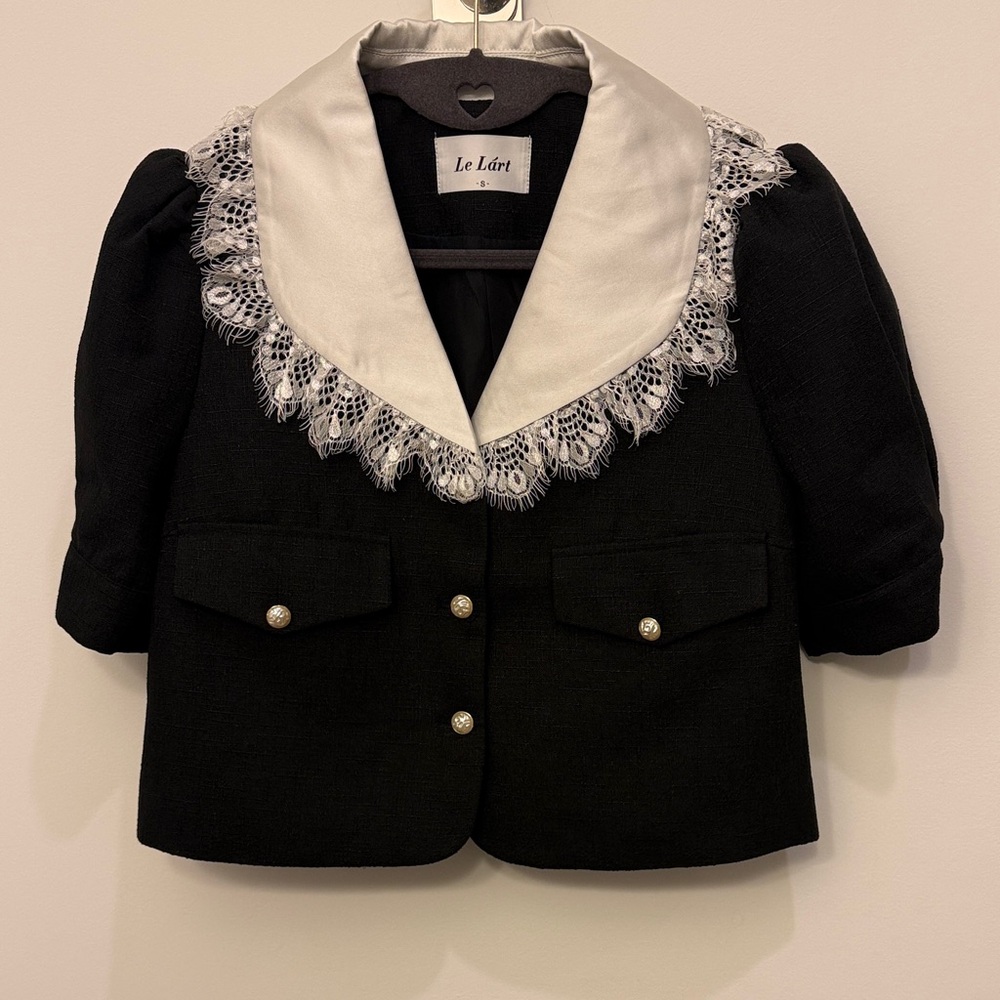 Women's Crop Black Jacket with White Lace Collar